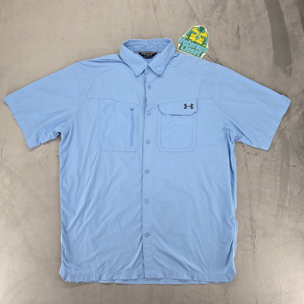 Under Armour Men's XL Fishing Shirt Loose HeatGear Vented Light Blue EUC Flaw